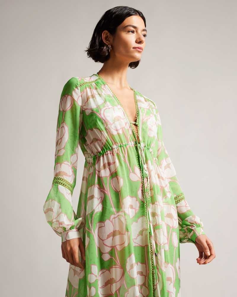 Green Ted Baker Elisiia High Low Poppy Print Cover Up | US0000848