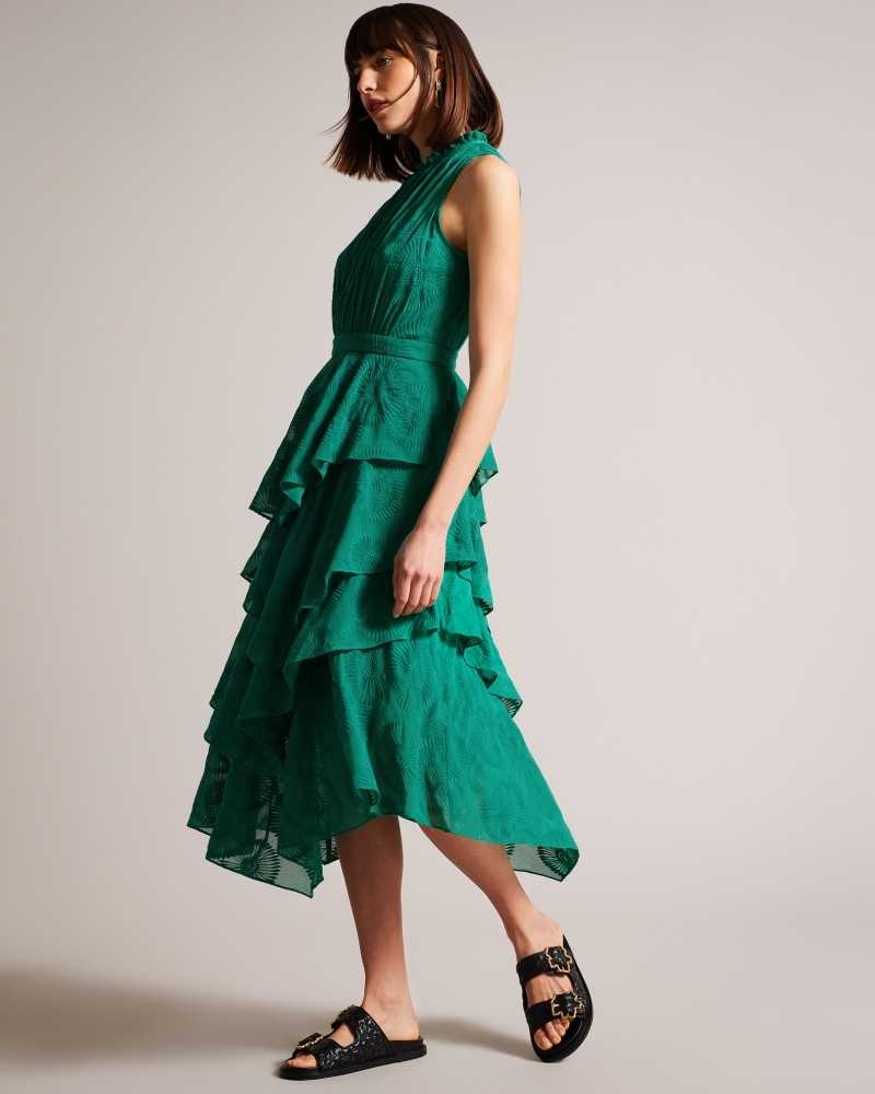 Green Ted Baker Floryah Embroidered Midi Dresses With Tiered Skirt | US0000016