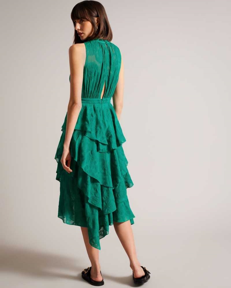 Green Ted Baker Floryah Embroidered Midi Dresses With Tiered Skirt | US0000016