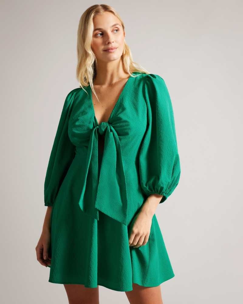 Green Ted Baker Jozelyn Tie Front Mini Dresses With Balloon Sleeve | US0000081