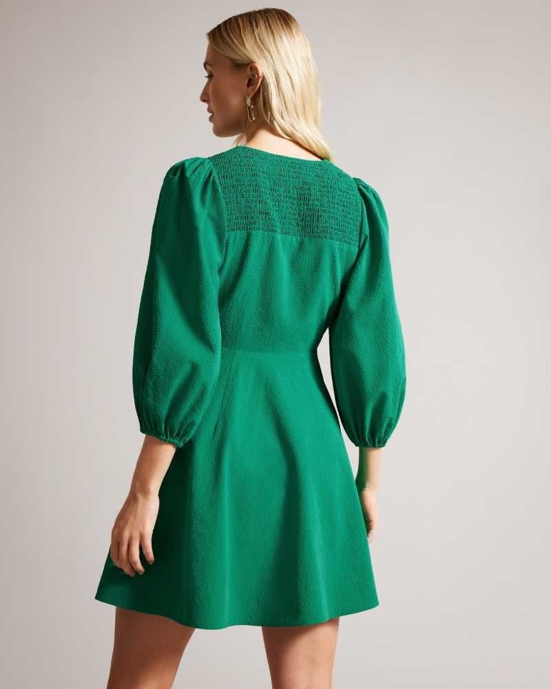 Green Ted Baker Jozelyn Tie Front Mini Dresses With Balloon Sleeve | US0000081