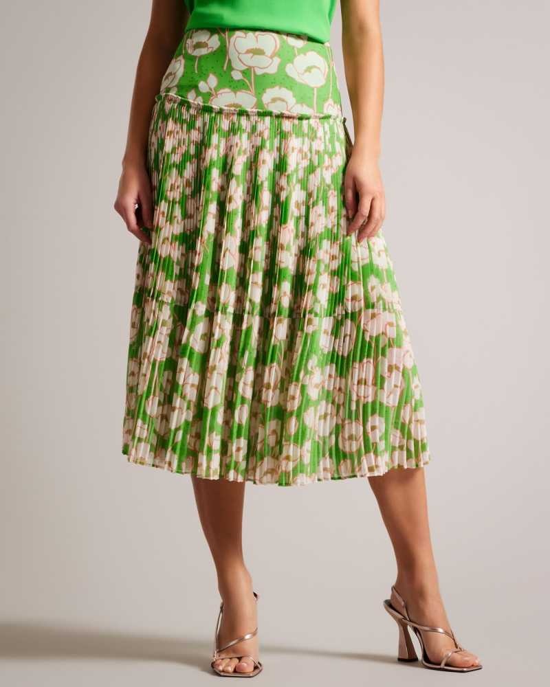 Green Ted Baker Maryin Floral Pleated Midi Skirt | US0000714