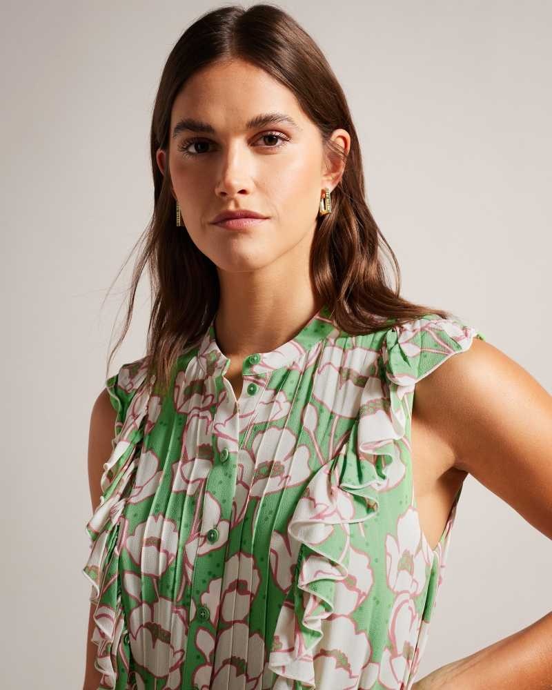 Green Ted Baker Tindraa Sleeveless Frilled Midi Dresses | US0000116