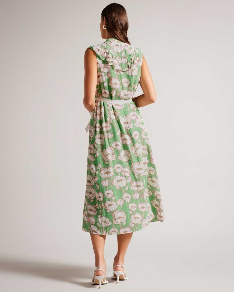 Green Ted Baker Tindraa Sleeveless Frilled Midi Dresses | US0000116