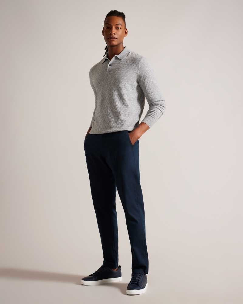 Grey Marl Ted Baker Morar Long Sleeve Knitted Polo Shirt | US0000537