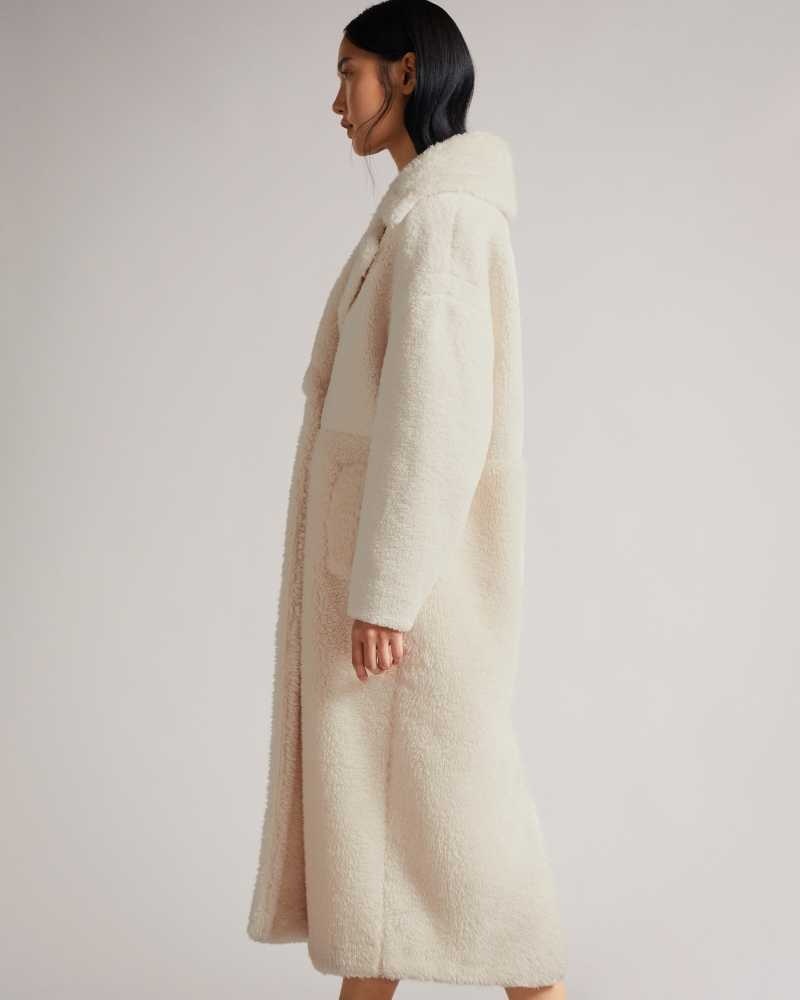 Ivory Ted Baker Emiliyy Mixed Fabric Faux Fur Cocoon Coat Coats | US0000201