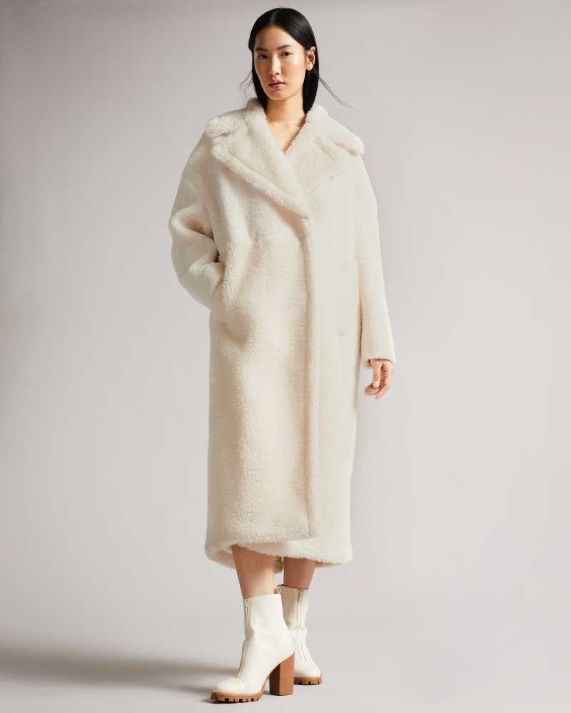 Ivory Ted Baker Emiliyy Mixed Fabric Faux Fur Cocoon Coat Coats | US0000201