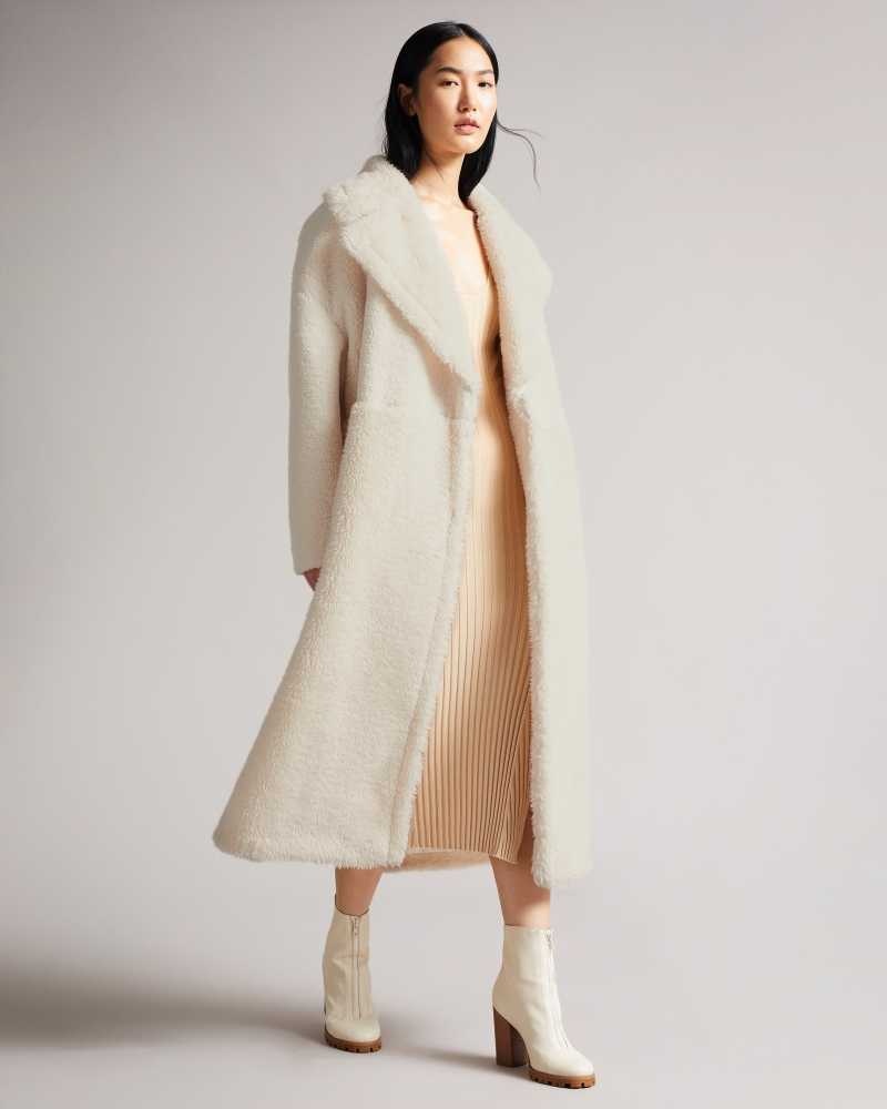 Ivory Ted Baker Emiliyy Mixed Fabric Faux Fur Cocoon Coat Coats | US0000201