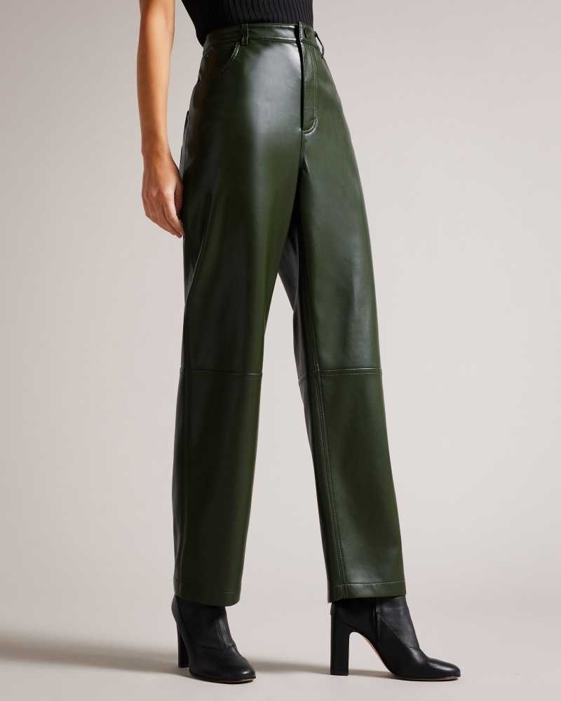 Khaki Ted Baker Plaider Straight Leg Faux Leather Trousers | US0001117