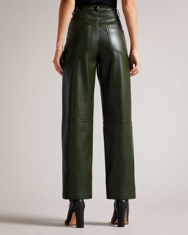 Khaki Ted Baker Plaider Straight Leg Faux Leather Trousers | US0001117