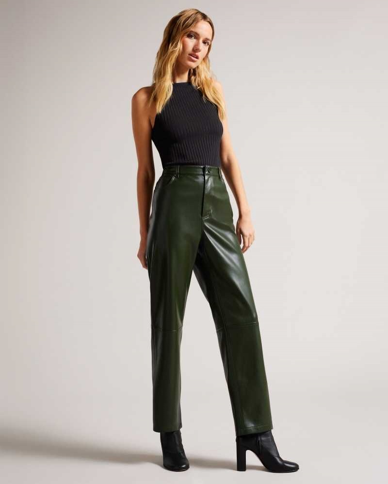 Khaki Ted Baker Plaider Straight Leg Faux Leather Trousers | US0001117