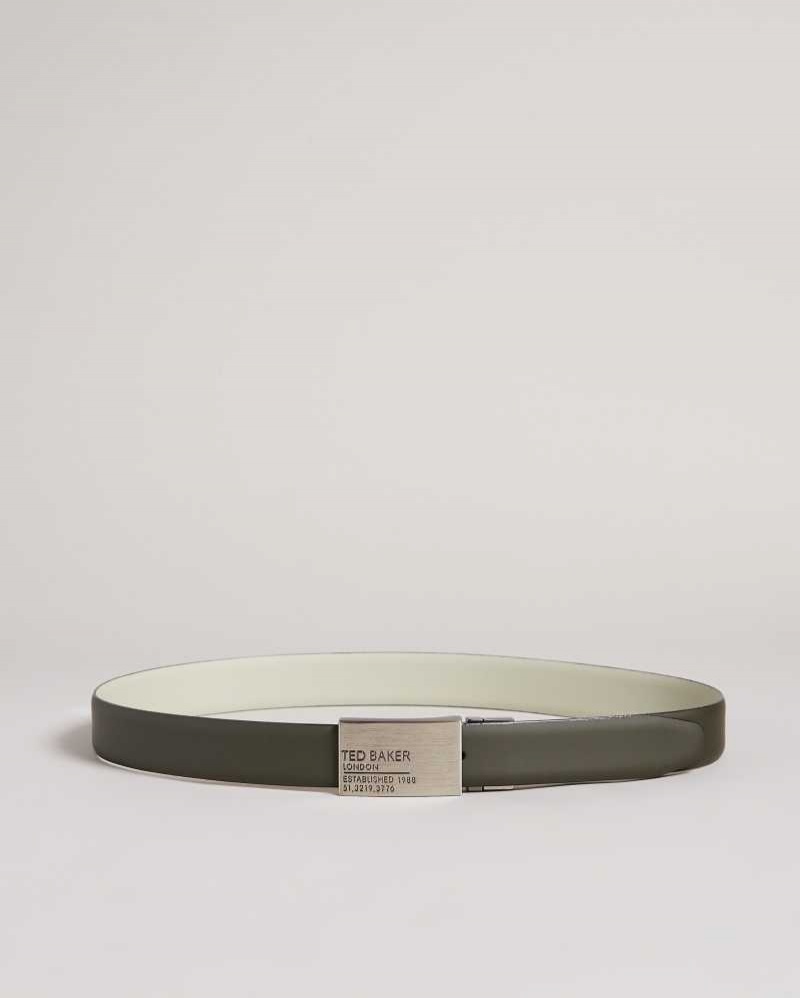 Khaki Ted Baker Tonks Reversible Plate Leather Belt | US0001636