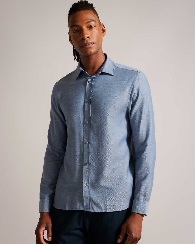 Light Blue Ted Baker Crotone Long Sleeve Herringbone Shirt | US0000644