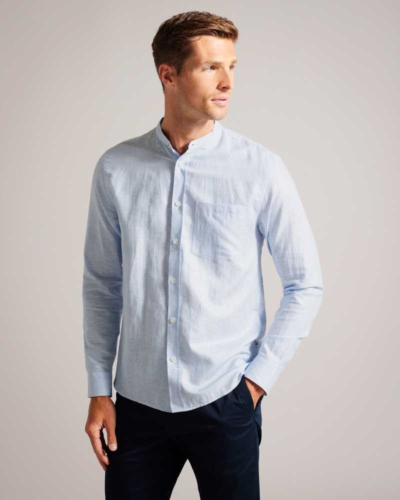 Light Blue Ted Baker Granan Linen Grandad Collar Shirt | US0000634