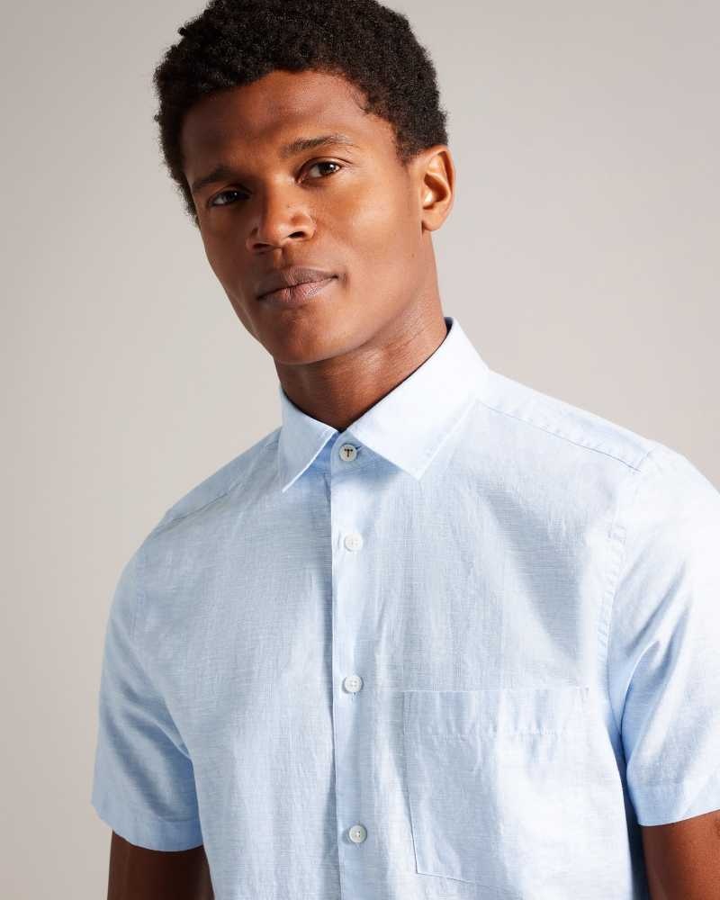 Light Blue Ted Baker Kingfrd Short Sleeve Linen Shirt | US0000657