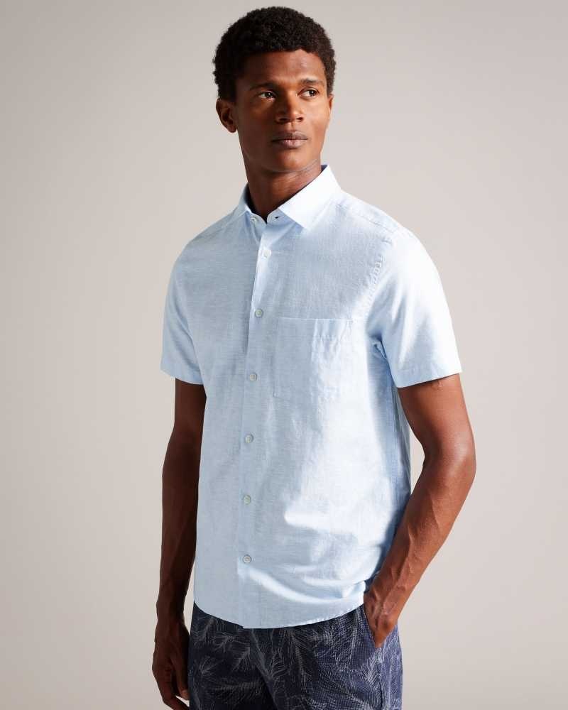 Light Blue Ted Baker Kingfrd Short Sleeve Linen Shirt | US0000657