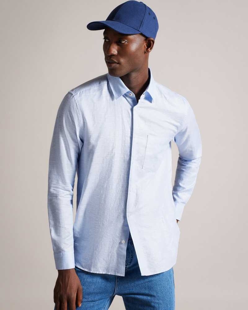 Light Blue Ted Baker Kingwel Long Sleeve Linen Blend Shirt | US0000592