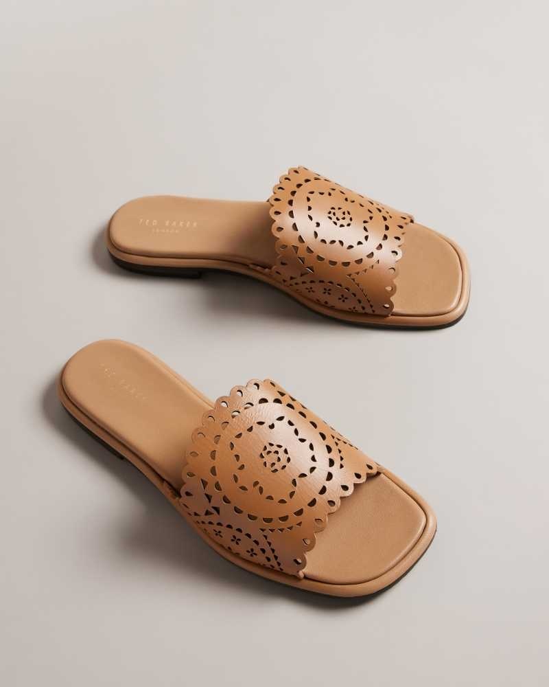 Light Brown Ted Baker Clovei Laser Cut Flat Sandals | US0002155