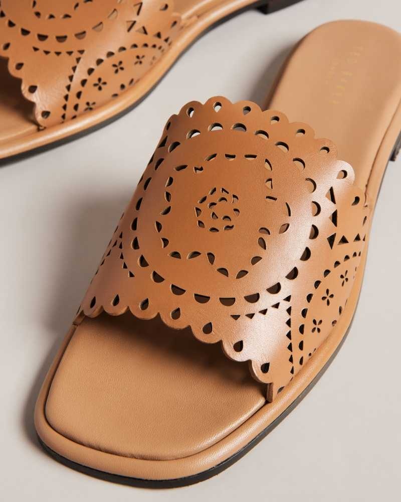 Light Brown Ted Baker Clovei Laser Cut Flat Sandals | US0002155