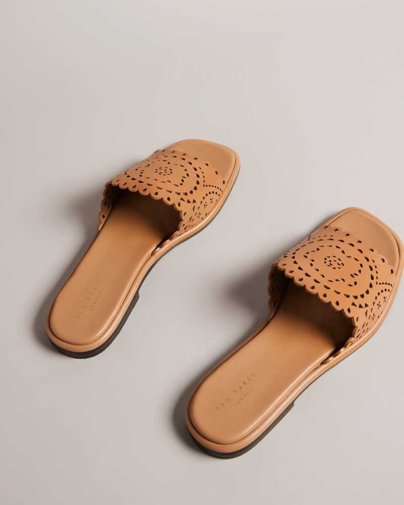 Light Brown Ted Baker Clovei Laser Cut Flat Sandals | US0002155