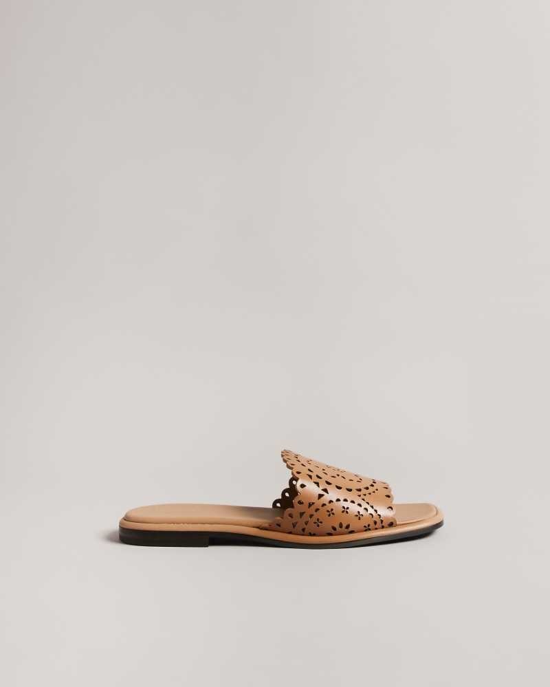 Light Brown Ted Baker Clovei Laser Cut Flat Sandals | US0002155