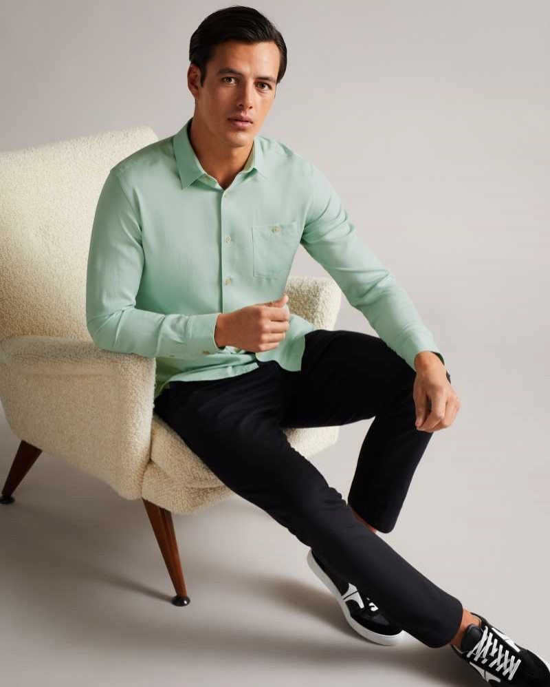 Light Green Ted Baker Loharv Lyocell Soft Plain Shirt | US0000613