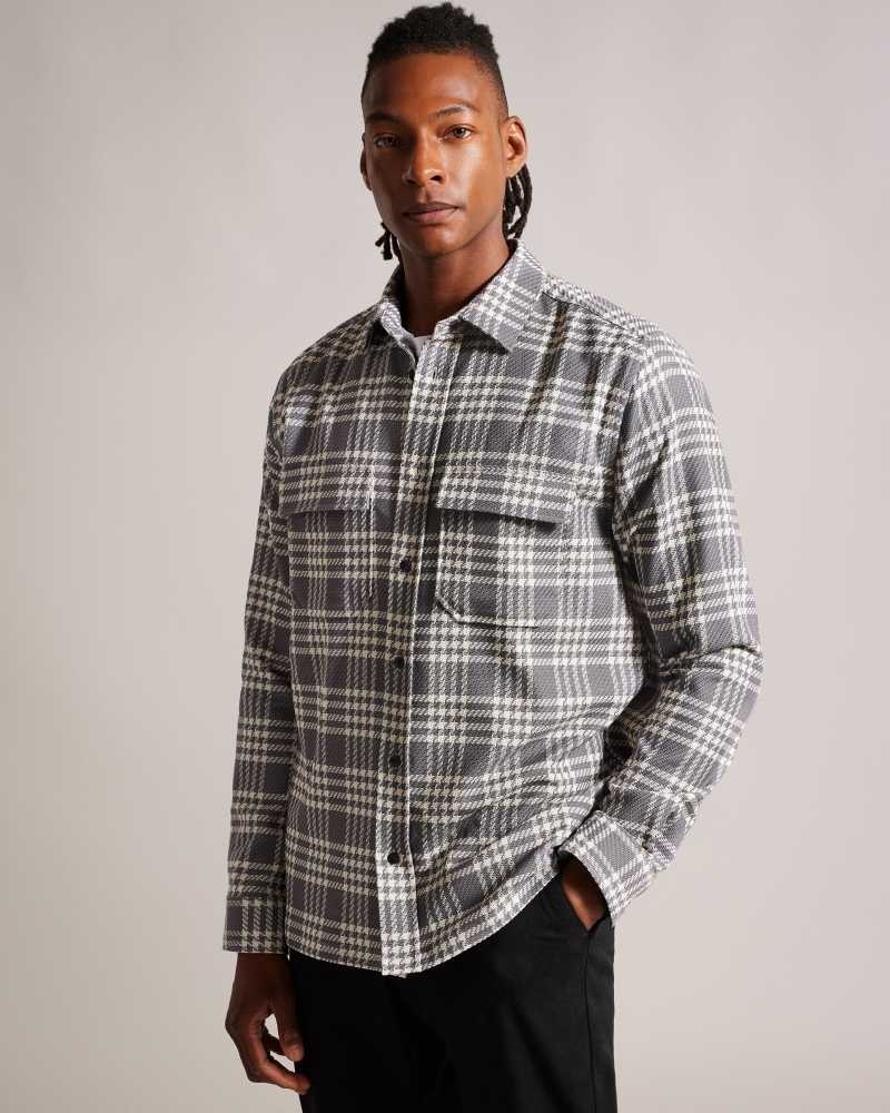 Light Grey Ted Baker Chieti Long Sleeve Textured Check Shirt | US0000610