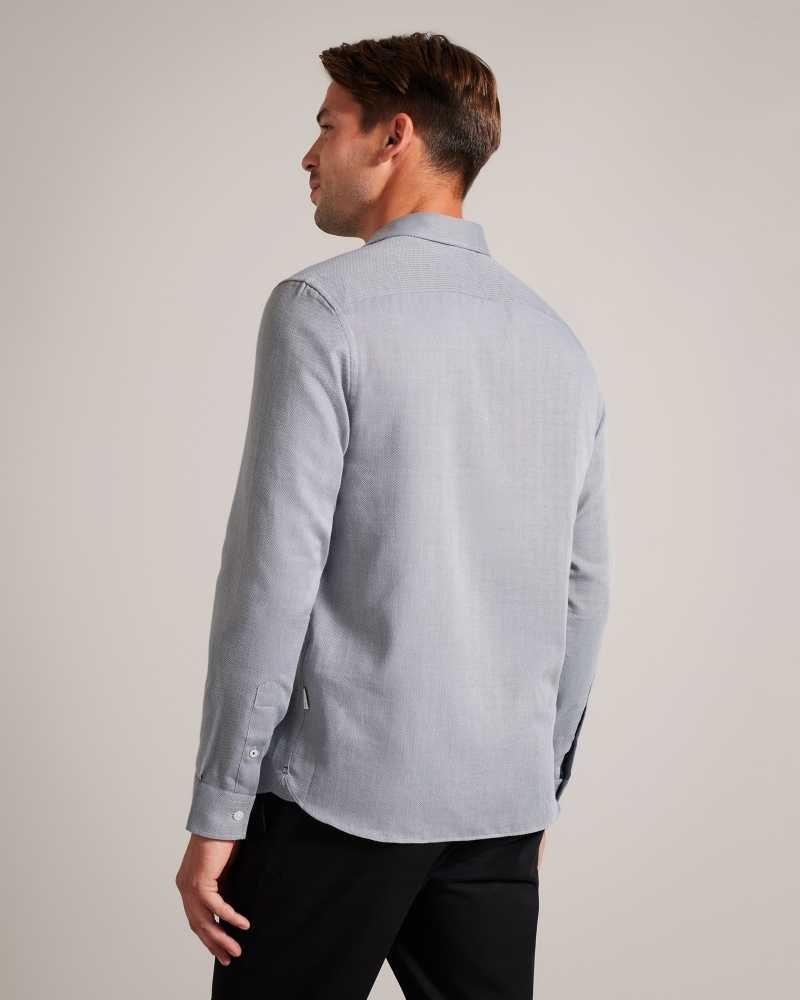 Light Grey Ted Baker Crotone Long Sleeve Herringbone Shirt | US0000655