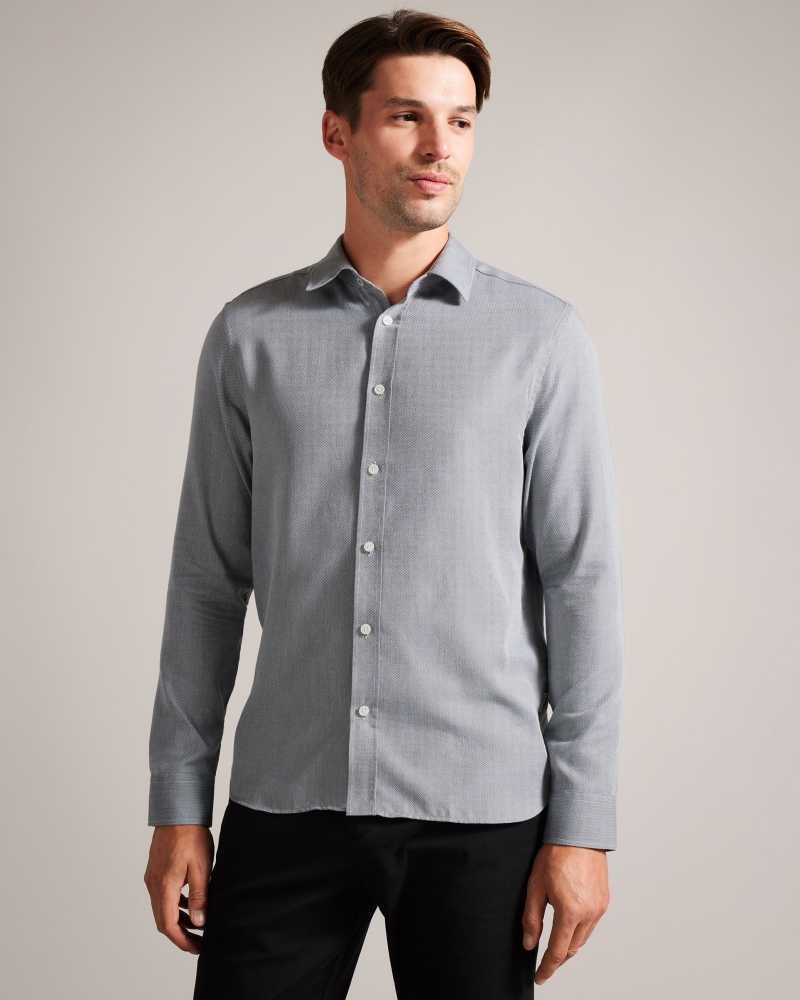 Light Grey Ted Baker Crotone Long Sleeve Herringbone Shirt | US0000655