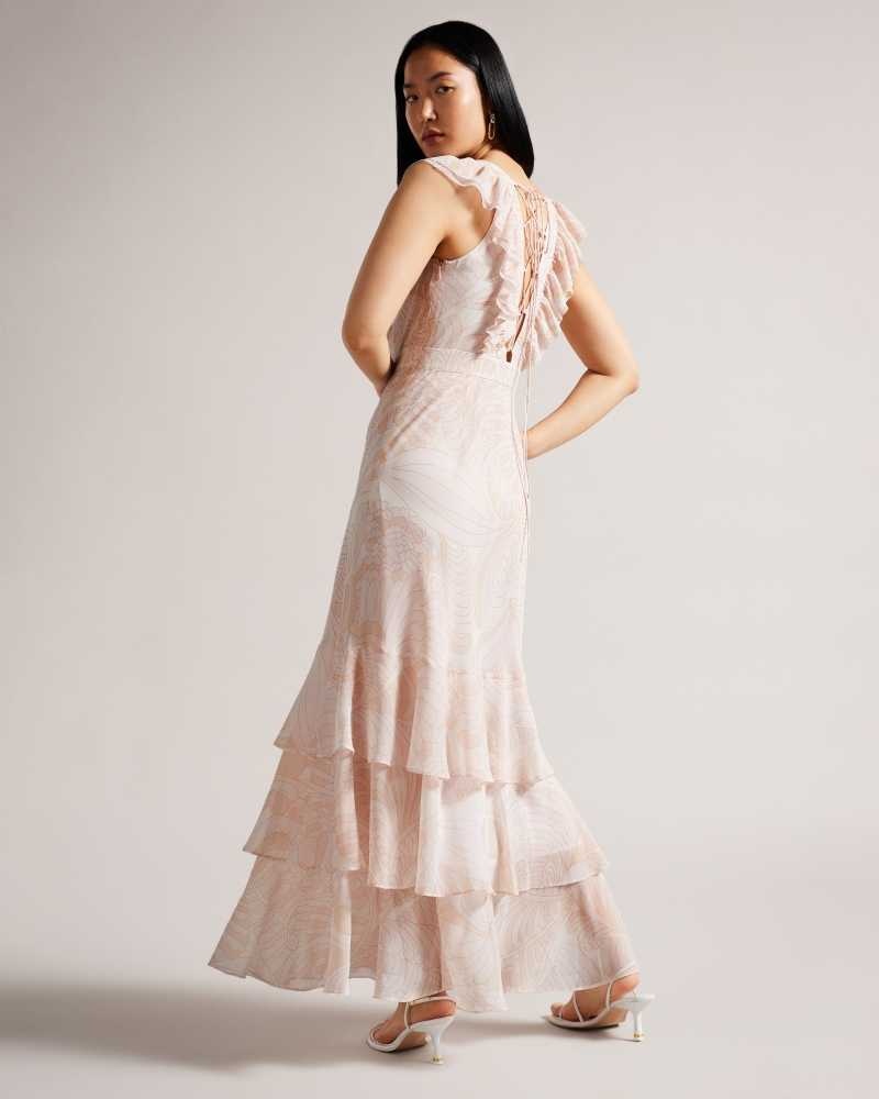 Light Nude Ted Baker Sheriil Paisley Ruffle Detail Maxi Dresses | US0000100