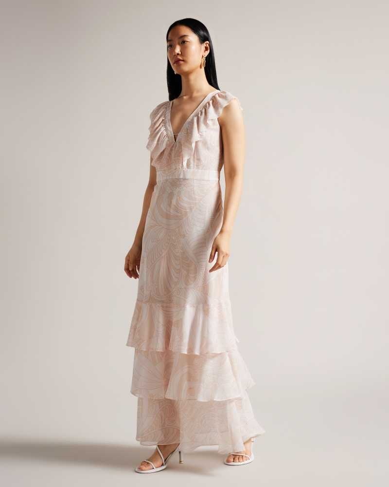 Light Nude Ted Baker Sheriil Paisley Ruffle Detail Maxi Dresses | US0000100