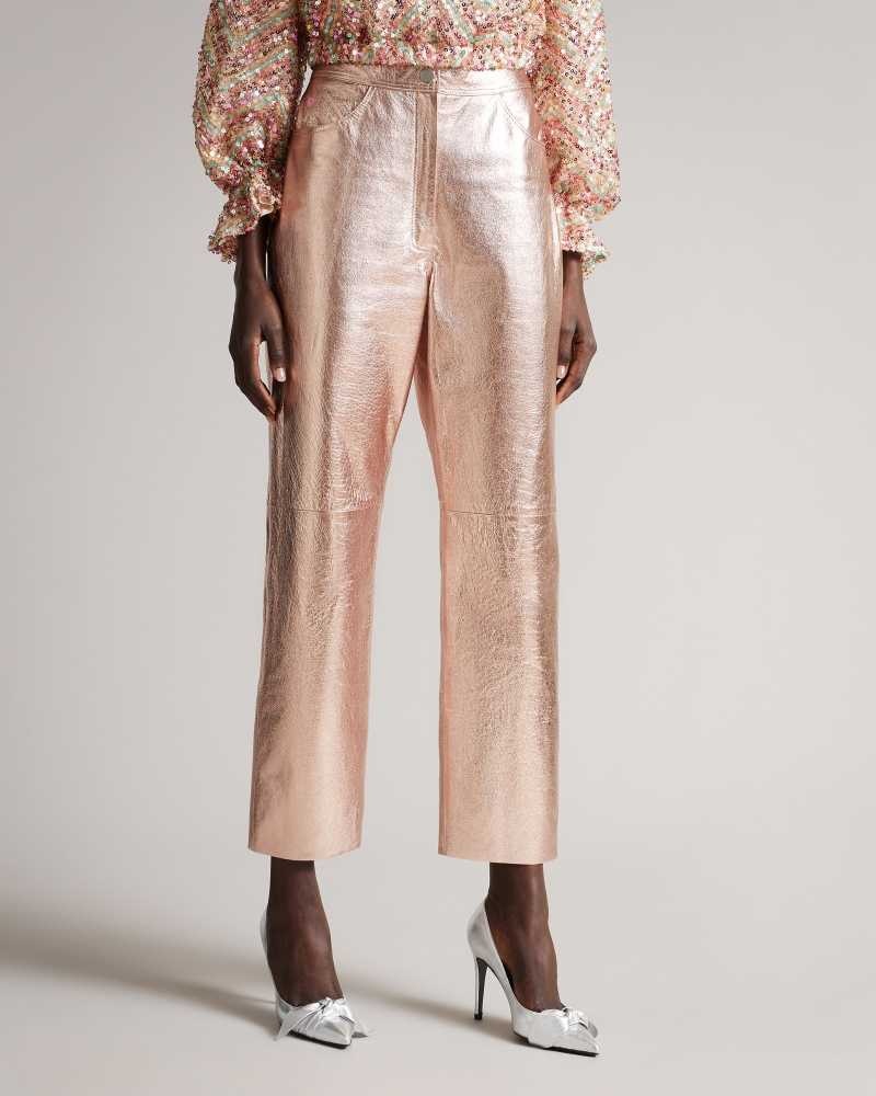 Light Pink Ted Baker Ailsaa Metallic Leather Trousers | US0001148