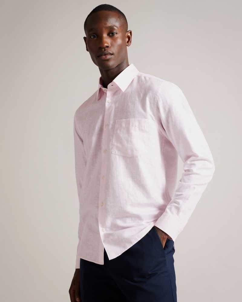 Light Pink Ted Baker Kingwel Long Sleeve Linen Blend Shirt | US0000597