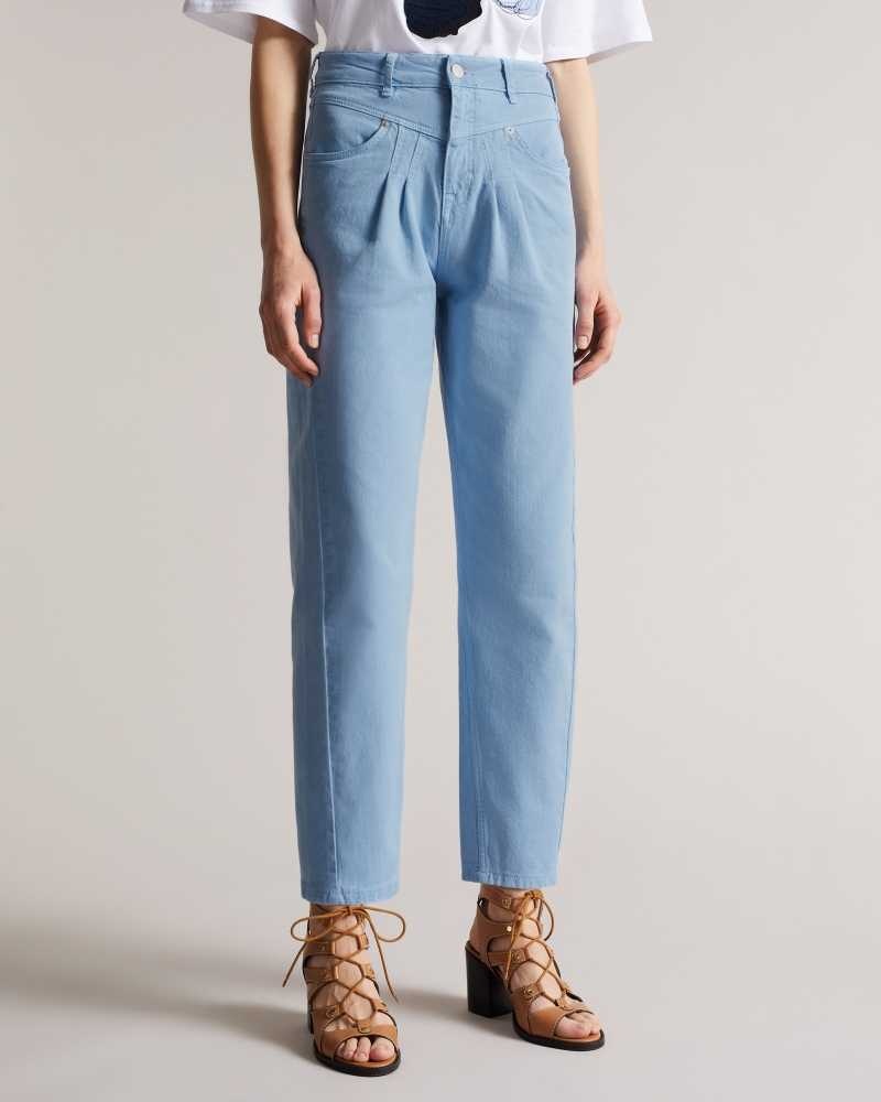 Light Wash Ted Baker Zandin Barrel Leg Jeans With Front Yoke and Pleat Detail | US0000306