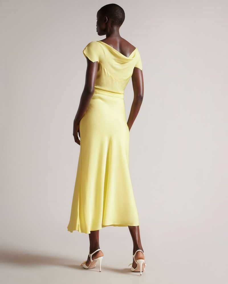 Light Yellow Ted Baker Noemi V Neck Bias Cut Midi Dresses | US0000099