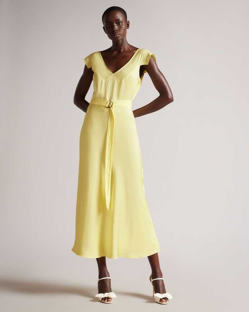 Light Yellow Ted Baker Noemi V Neck Bias Cut Midi Dresses | US0000099