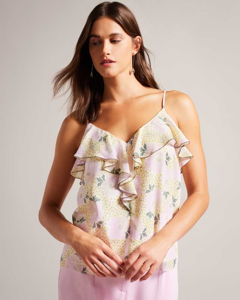 Light Yellow Ted Baker Shaunia Ruffled V Neck Daisy Cami | US0001011