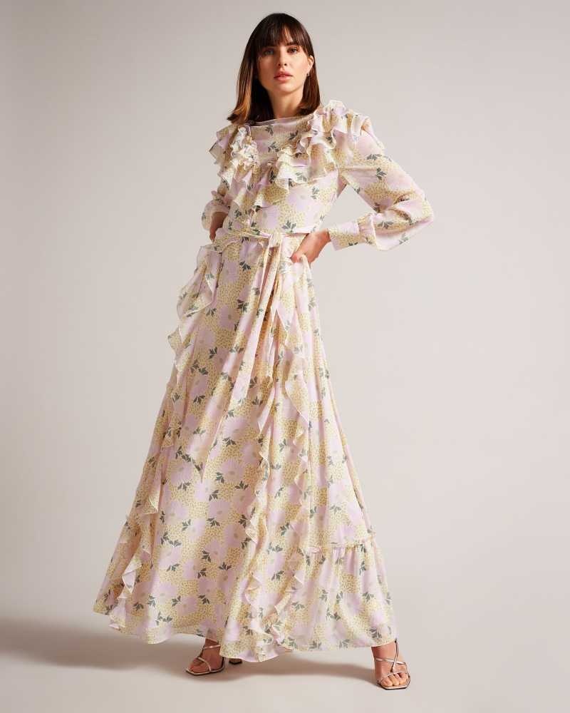 Light Yellow Ted Baker Vivyana Frilled Daisy Print Maxi Dresses | US0000136