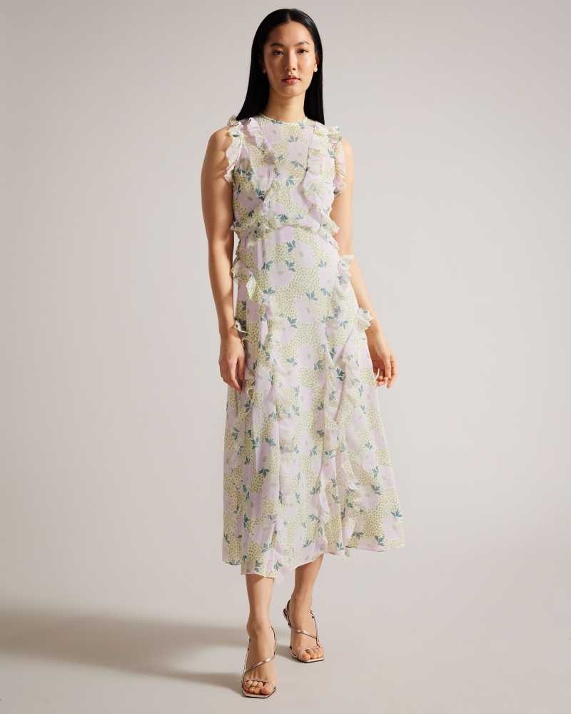 Lilac Ted Baker Calinia Sleeveless Waterfall Ruffle Midi Dresses | US0000059