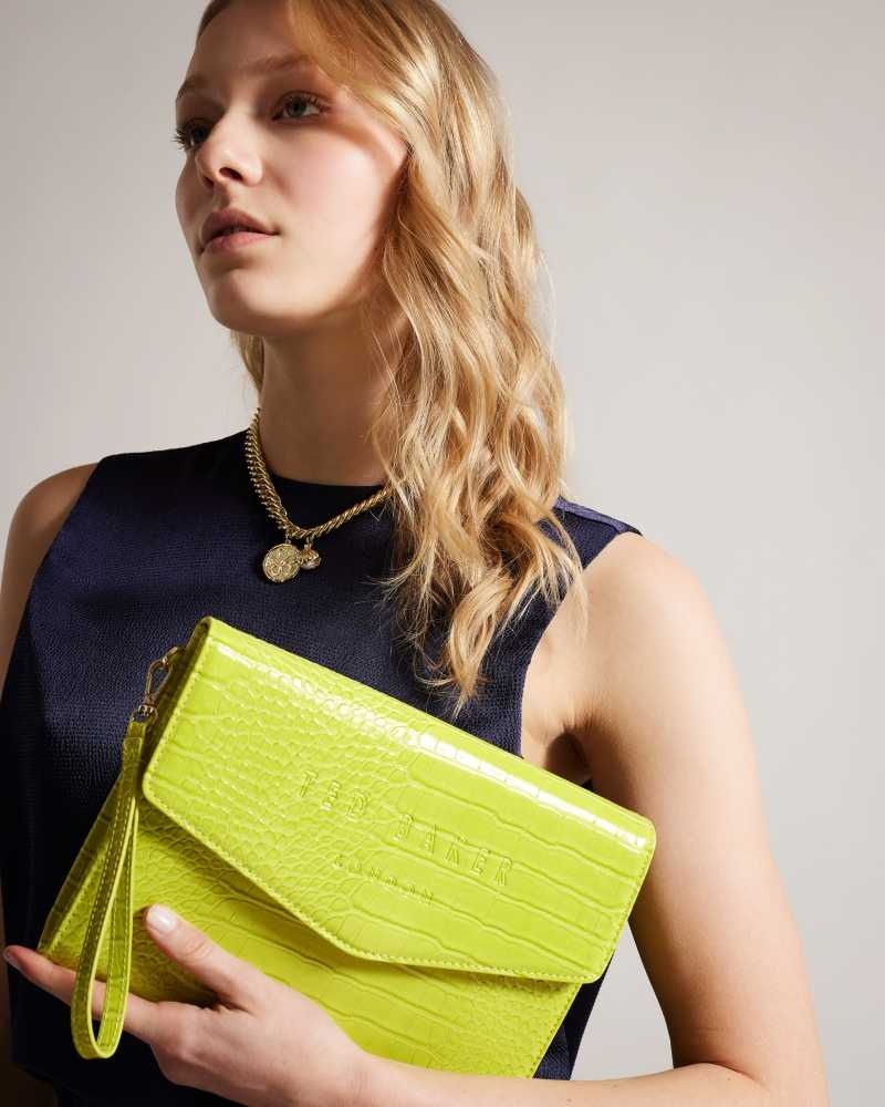 Lime Ted Baker Crocey Croc Detail Debossed Envelope Pouch | US0001264