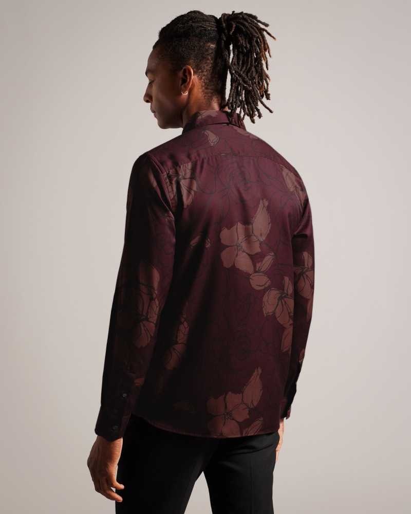 Maroon Ted Baker Bobbio Long Sleeve Sketchy Floral Print Shirt | US0000586