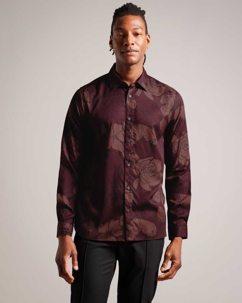 Maroon Ted Baker Bobbio Long Sleeve Sketchy Floral Print Shirt | US0000586