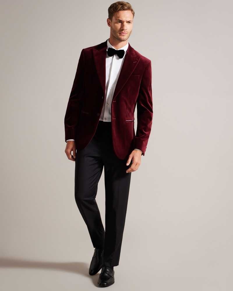 Maroon Ted Baker Edwardj Peaked Lapel Velvet Blazer | US0000181