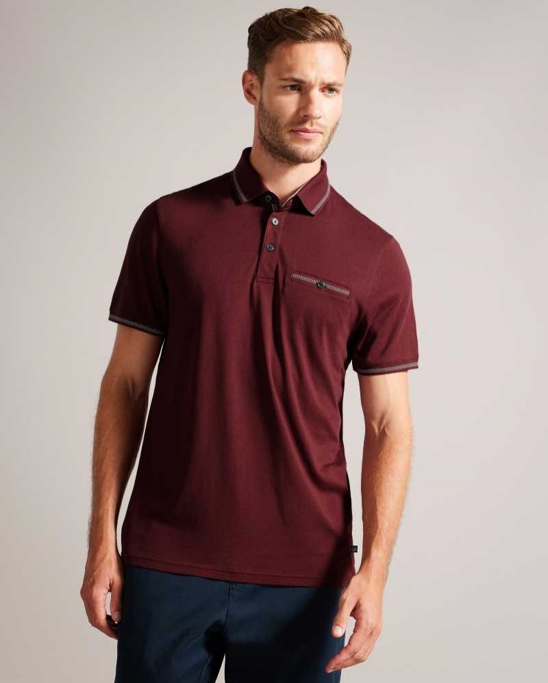 Maroon Ted Baker Tortila Polo Shirt With Striped Details | US0001062