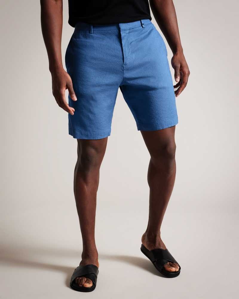 Medium Blue Ted Baker Leder Linen Blend Half Elasticated Shorts | US0000692