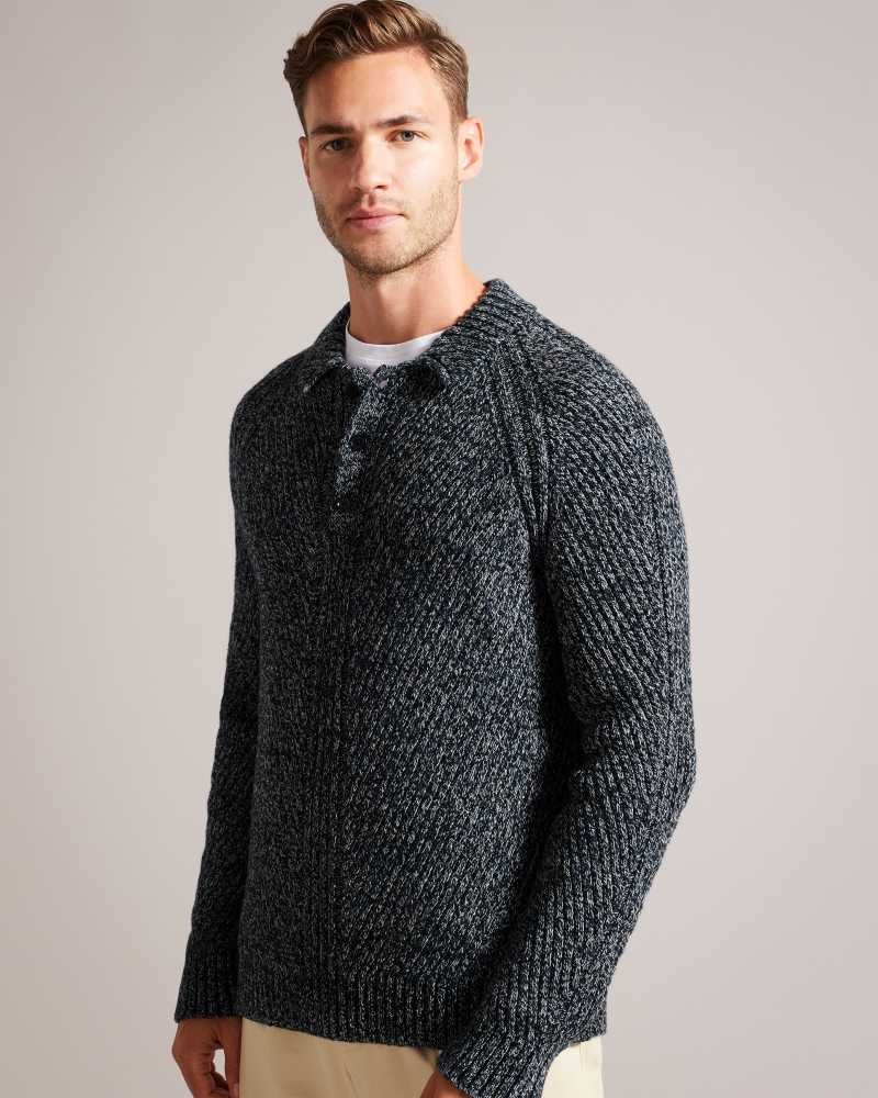 Medium Blue Ted Baker Reddis Engineered Knit Polo Neck Jumper | US0000400