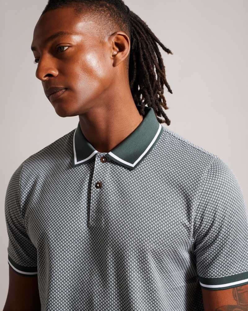 Medium Green Ted Baker Affric Short Sleeve Regular Geo Textured Polo Shirt | US0000524