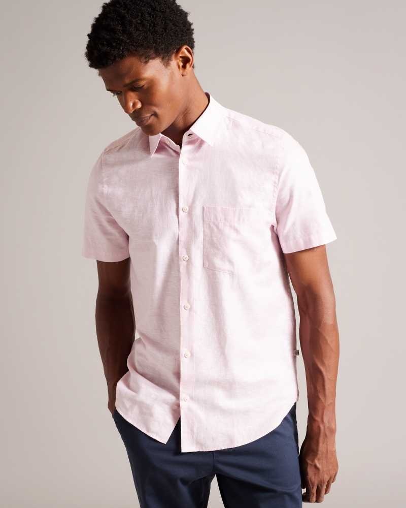 Medium Pink Ted Baker Kingfrd Short Sleeve Linen Shirt | US0000619