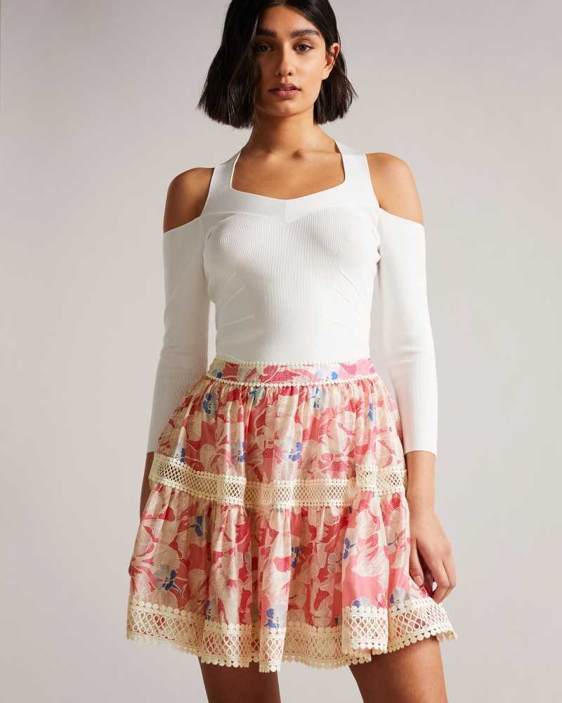 Medium Pink Ted Baker Tabita Full Mini Skirt with Lace Tape | US0000710