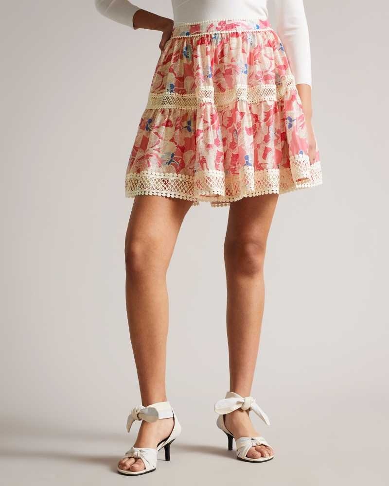 Medium Pink Ted Baker Tabita Full Mini Skirt with Lace Tape | US0000710